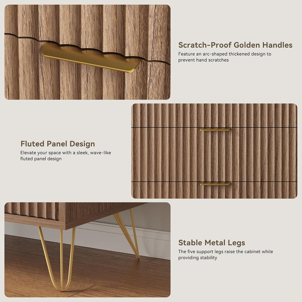 Fluted 6 Drawers Dresser , Wood Dressers with Scratch-Proof Golden Handles, Natural Curved Profile, Modern Double