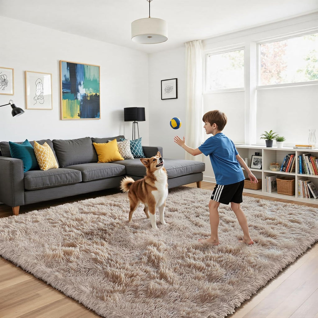 Beige 8x10 Area Rugs, Fluffy Shag Rug Large Bedroom Carpet