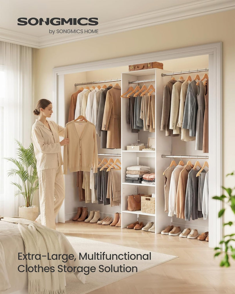 Closet System, Customizable Walk-In Closet Organizer System with Adjustable Hanging Rods and Storage Shelves, White