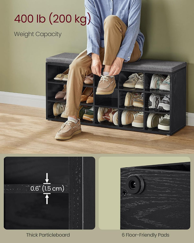 Shoe Bench, Storage Bench with Padded Seat, Entryway Bench with 15 Compartments, , 11.8 x 41.3 x 18.9