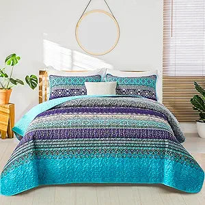 Boho King Quilt Bedding Set, 3 Pieces Soft Bedspread,Blue - Set of 3