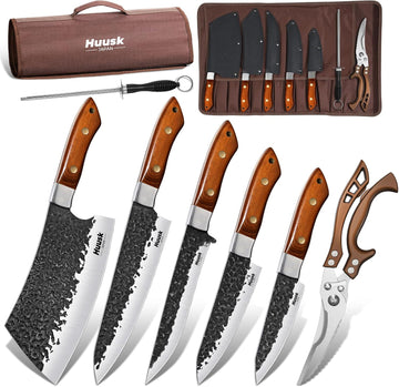 7 PCS Butcher Knife Set for Meat Cutting with Roll Bag, Gifts for Men | Japanese Chef Knife Set with Sharpening Rod