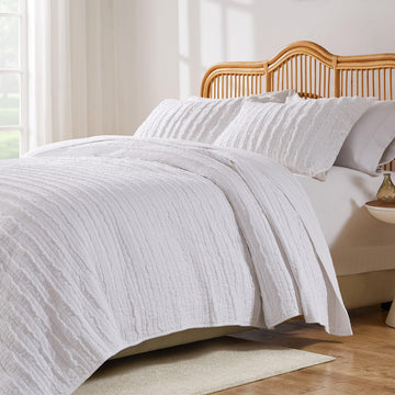 Home Ruffled White 100% Cotton Quilt Set with Ruffle Embellishments - 2 Piece /XL - White