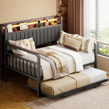 Daybed with Trundle and LED Light, Heavy Duty Metal Full Bed Frame with Upholstered Storage Headboard & Charging
