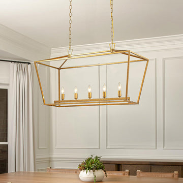 5 Lights W39'' Modern Industrial Linear Lantern Geometric Chandelier in Matte Gold Rectangle Cage Chandeliers for Dining Room Kitchen Island