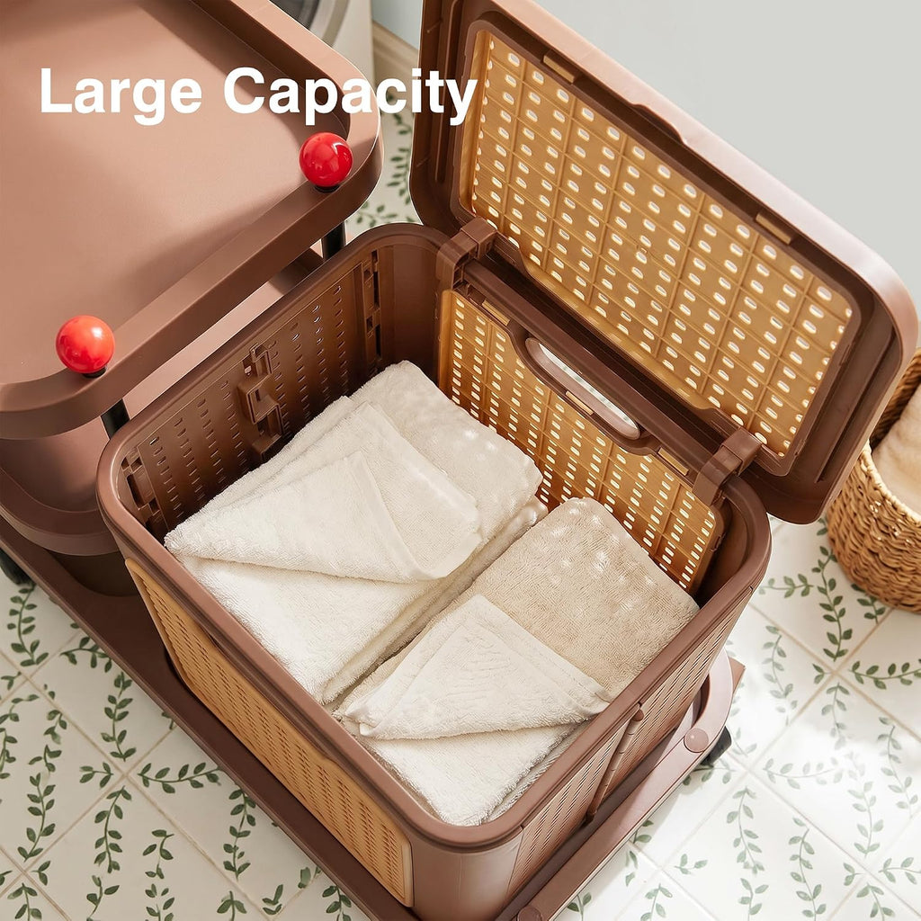 Rattan-Style Rolling Laundry Hamper Cart, 3-Tier Storage Shelf with Wheels, Foldable Plastic Laundry Basket with Lid