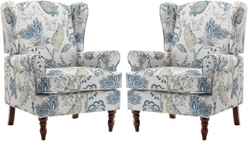 Mid Century Wingback Accent Chairs Set of 2 Blue Floral | Retro Wooden Legs Modern Linen Upholstered Armchair Floral