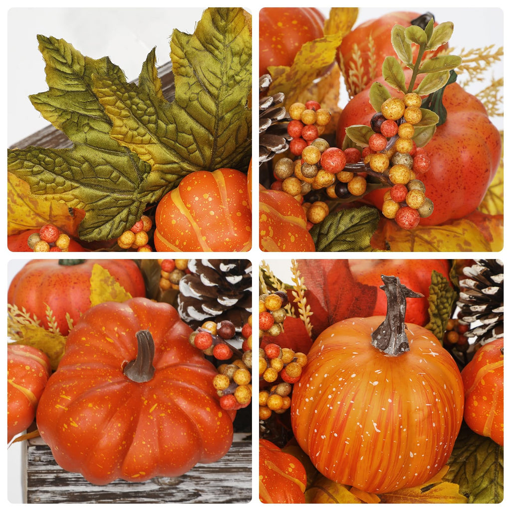 Artificial Pumpkins Fall Centerpiece for Table In Rustic Wooden Box Vase
