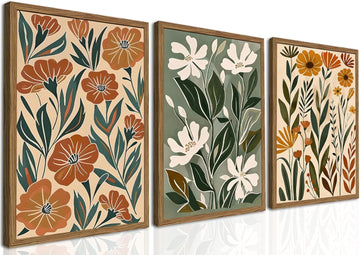Framed Boho Floral 3 Piece Wall Art,Mid Century Modern Abstract Flower Pictures Wall Decor,Minimalist Botanical