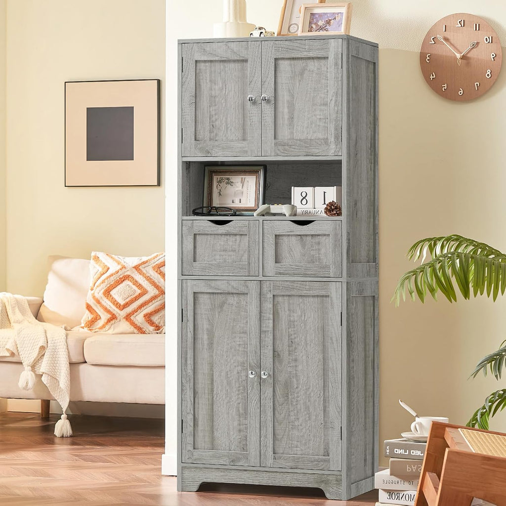 57.8" H Tall Storage Cabinet with 2 Drawers & 2 Adjustable Shelves, Bathroom Storage Cabinet with 4 Doors, Floor