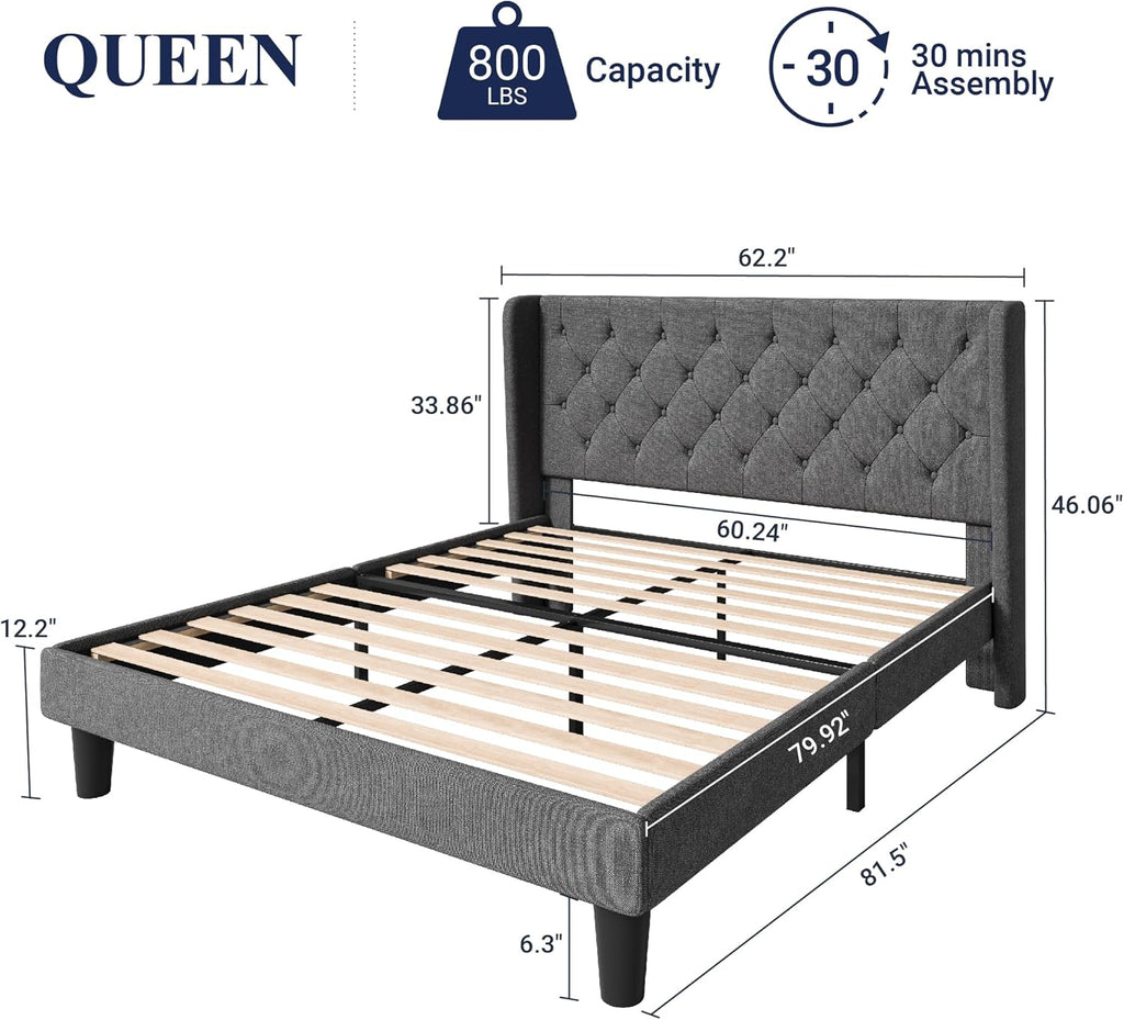 Queen Bed Frame with Button Tufted Wingback Headboard, Upholstered Platform Bed with Wooden Slats Support