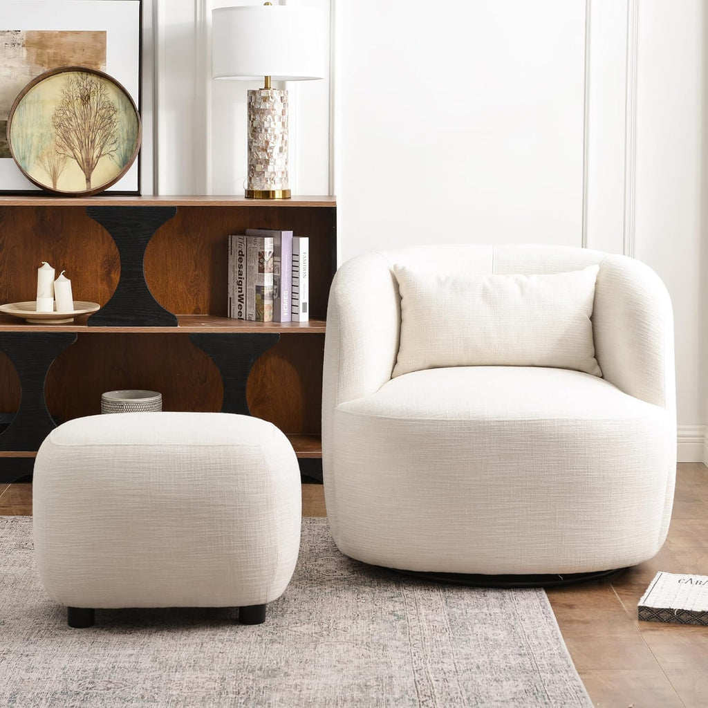 Modern Swivel Lounge Chair and Ottoman — Ivory Linen