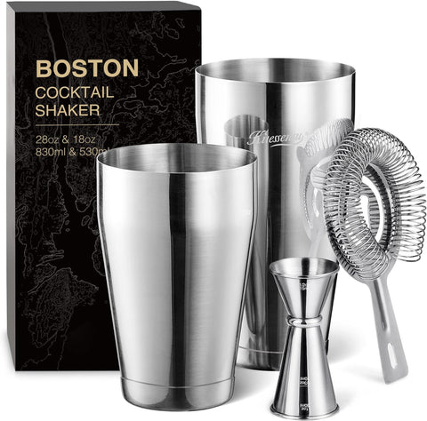 Boston Cocktail Shaker Set, 4-Piece Boston Shaker Tins Bartender Kit with 18oz & 28oz Mixed Drink Shaker, Hawthorne