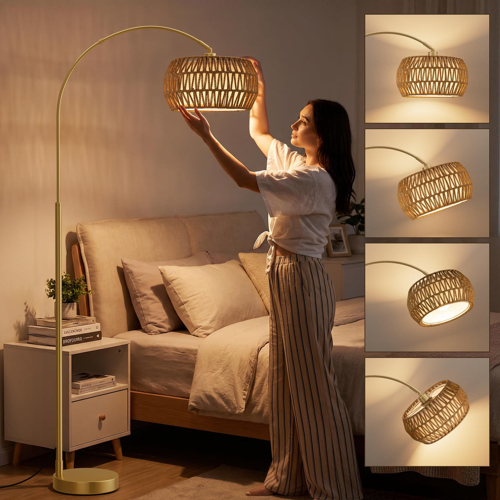 Boho Arc Floor Lamp, Color Temp and Brightness Adjustable, Gold