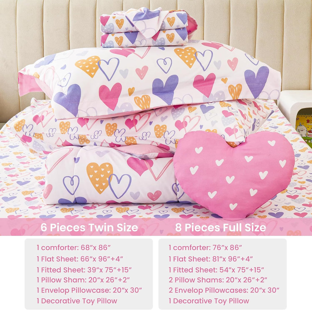 Comforter Sets for Girls Kids, 8 Pieces Bed in a Bag Pink Heart Bedding Comforter Sheet Set with Shams and