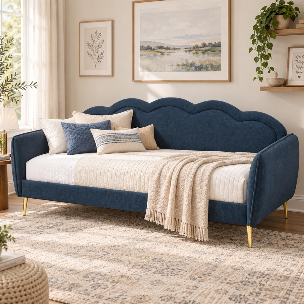 Twin Size Upholstered Daybed with Cloud-Shaped Backrest, Blue