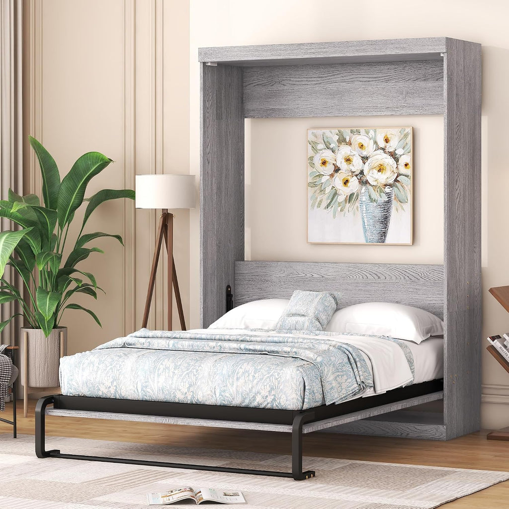 Full Murphy Bed, Farmhosue Wall Bed Frame, Solid Wood Cabinet Bed Frame for Home Office, Guest Room, Apartment, Grey