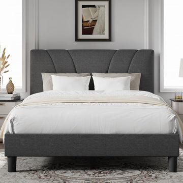 King Bed Frame and Headboard, Linen Upholstered King Bed Frame with Wood Slats Support, No Box Spring Needed