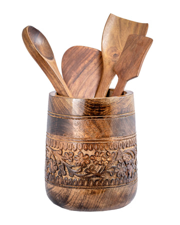 Rustic 7'' Large Utensil Holder, Wooden Kitchen Crock Brown