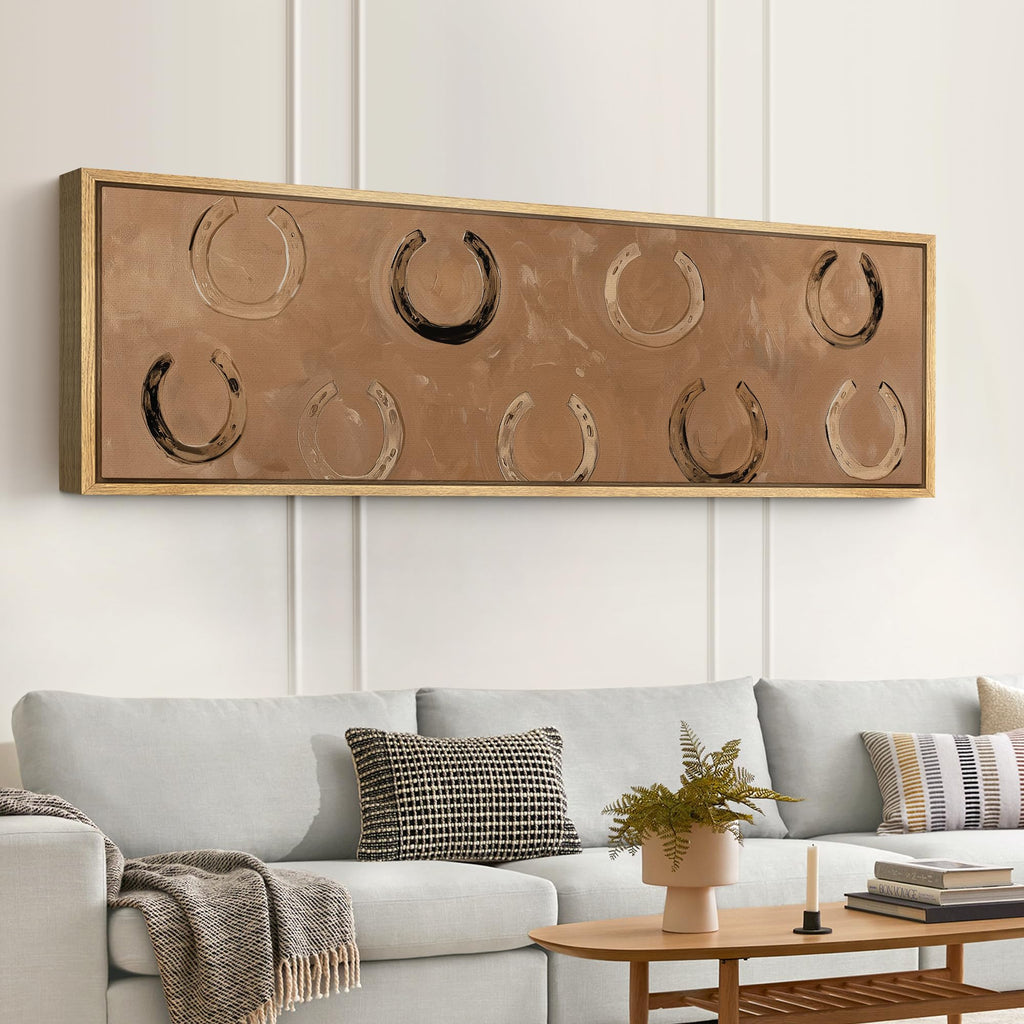 Large Framed Canvas Print Wall Art Rustic Horseshoe Pattern Western Country Abstract Brown Horse Illustrations Modern
