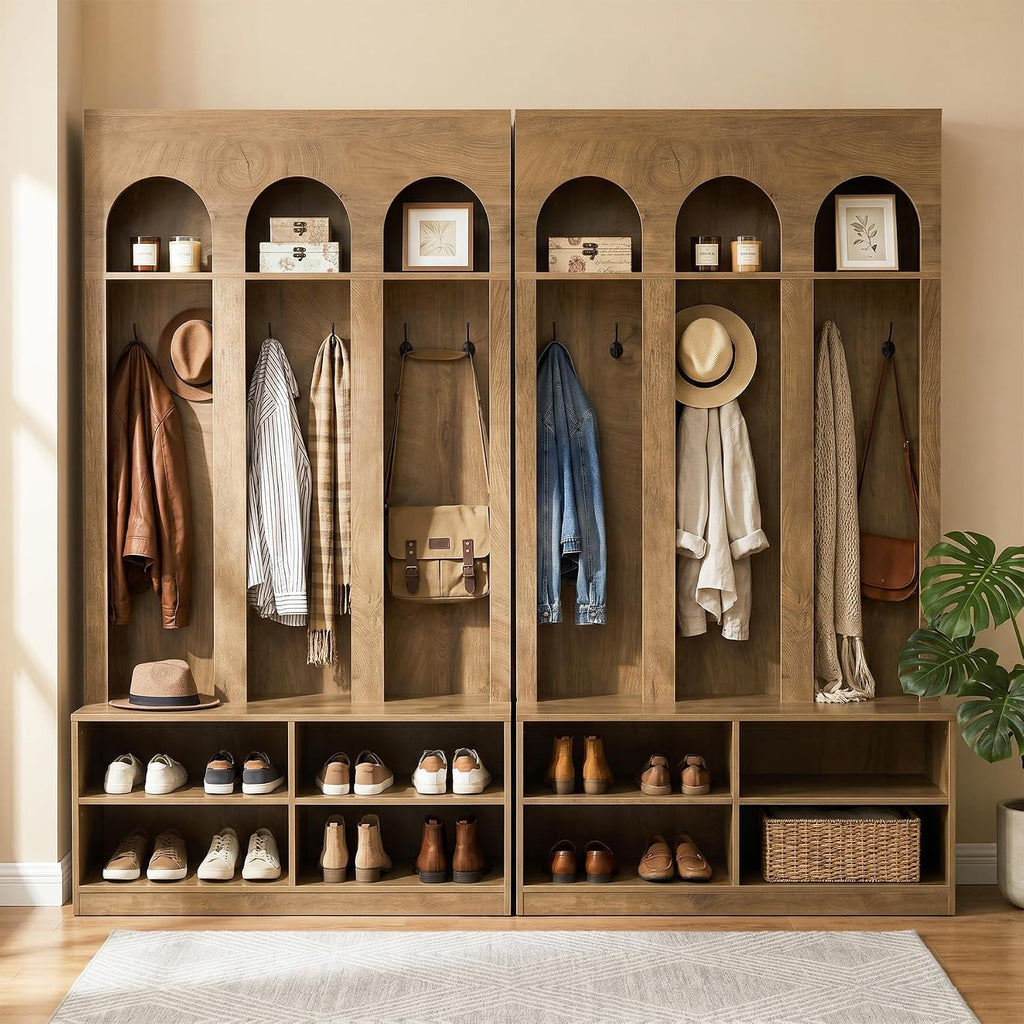 Hall Tree, 70" Entryway Bench with Coat Rack and Shoe Storage | 6 Double Hooks, Mudroom Bench with Storage and Hooks