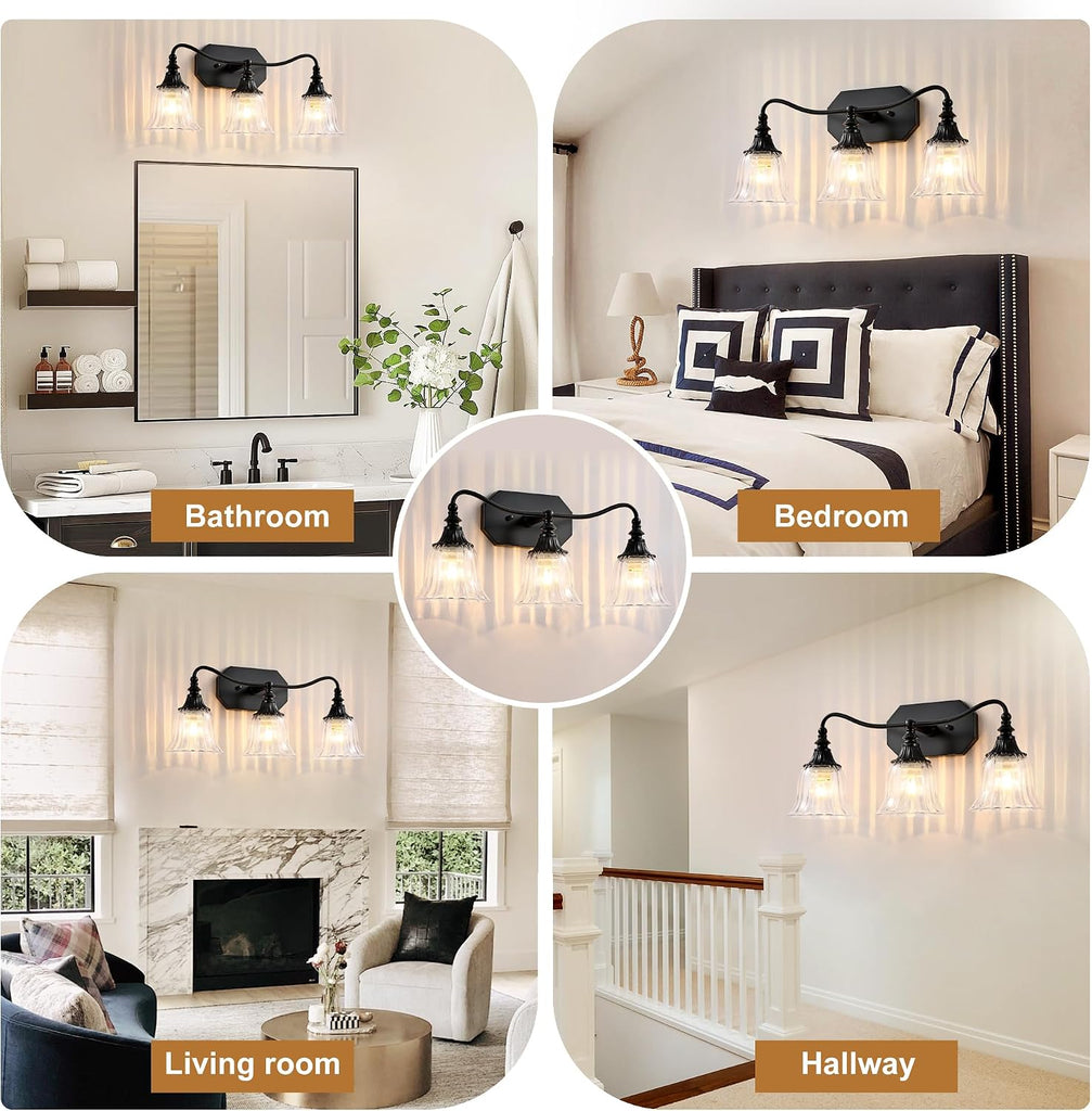3-Light Bathroom Vanity Light, Matte Black with Crystal Glass Shade | Metal Material,Mounted Over Mirror, Easy To
