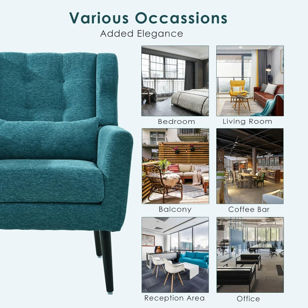 Modern Accent Chair Chenille Armchair with Pillow, Upholstered Arm Chairs with Solid Wood Legs, Soft Padded Lounge