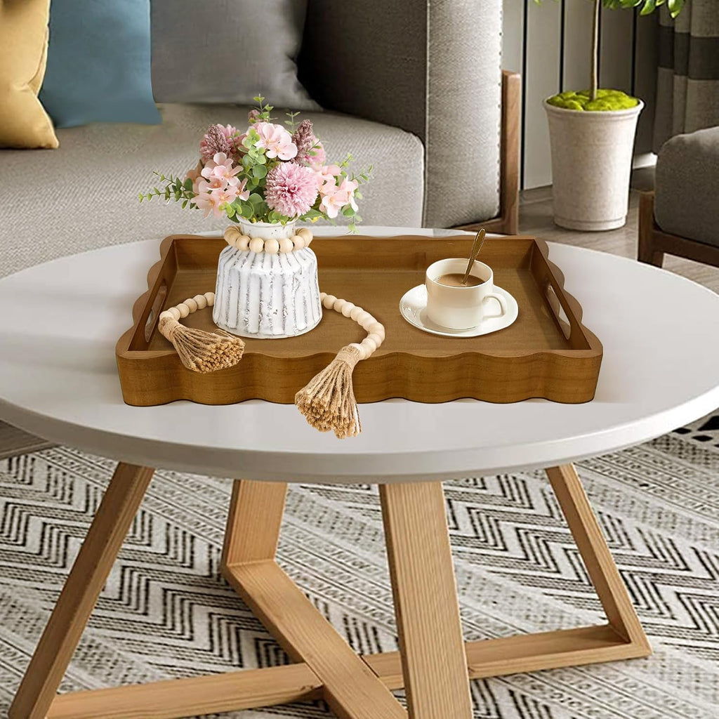 Pine Wood Decorative Tray with Handle Rectangular Wooden Serving Tray for Breakfast in Bed,Coffee Table,Dining