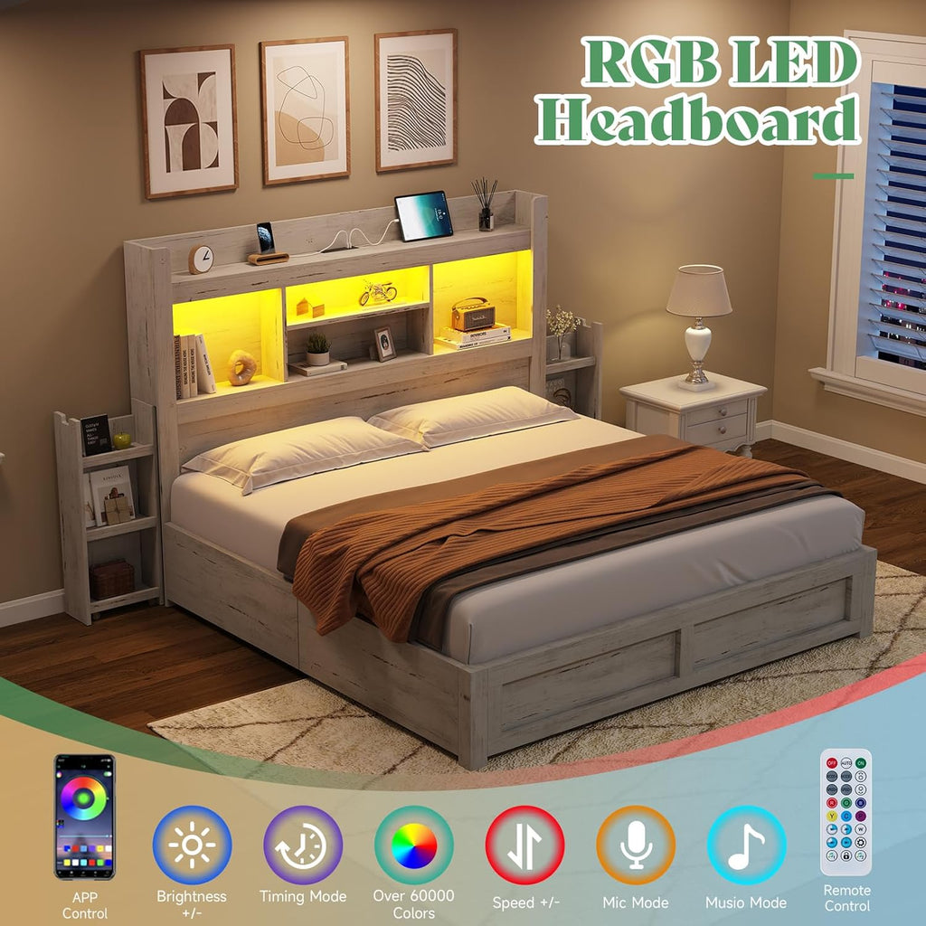 Queen Bed Frame with 4 Storage Drawer, LED Bed Frame with 49.6" Tall Bookcase Headboard, Wood Platform Bed with Charging Station & 2 Slide Bedside Shelf, No Box Spring Needed/Distressed White