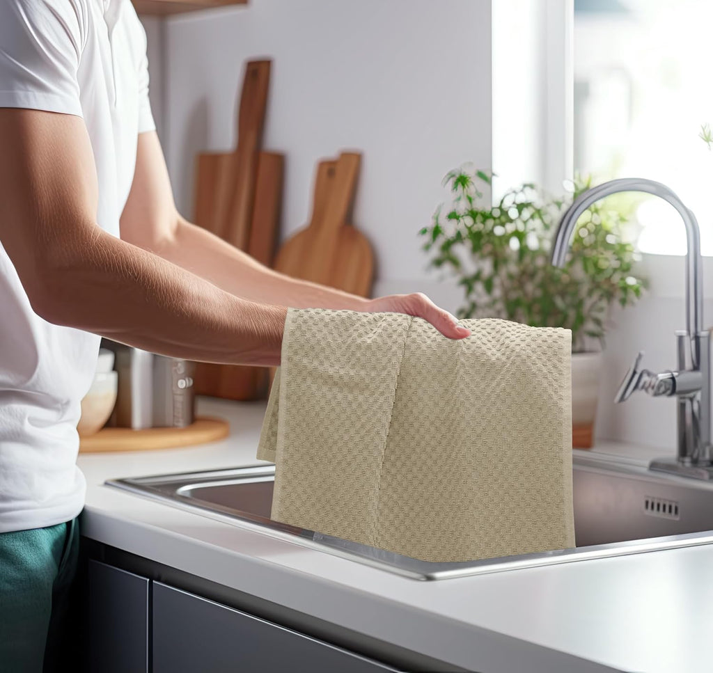 Amazing Kitchen Towels - 8 Pack 100% Cotton Waffle Terry Towel | Beige - 16x28 inch Euro Café Waffle Weave Dish