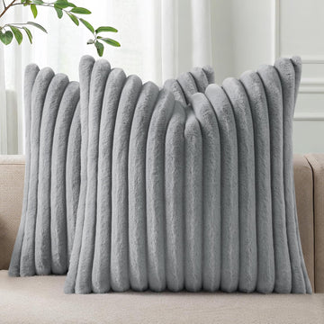 Faux Fur Plush Throw Pillow Covers 18x18 Set of 2, Luxury Soft Fluffy Striped Decorative Pillow Covers, Grey