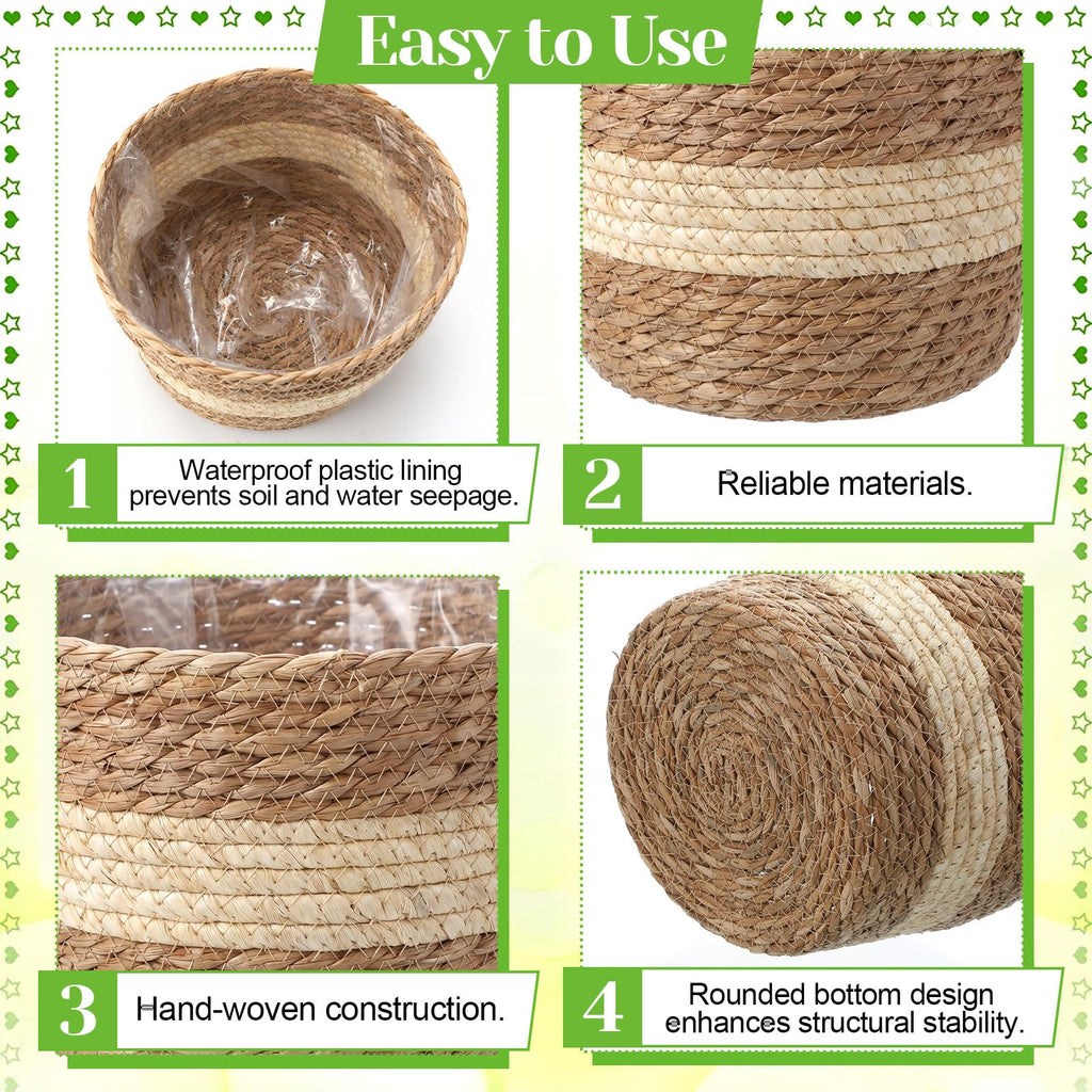 4 Pcs Straw Plant Baskets Indoor Rattan Woven Flower Baskets with Plastic Liner, Cattail Plant Planter for Indoor