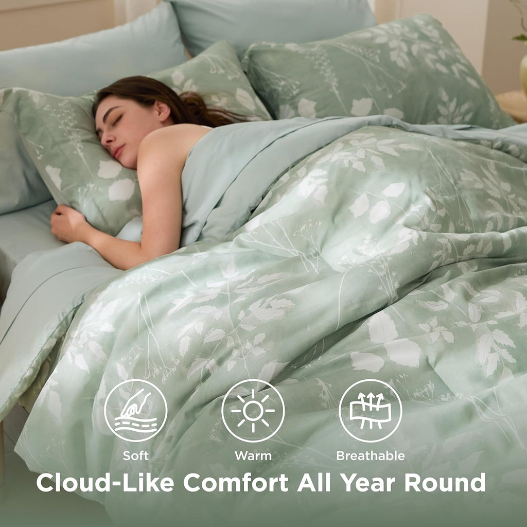 Comforter Set - 7 Pieces Floral Sage Green GentleSoft Bedding Sets