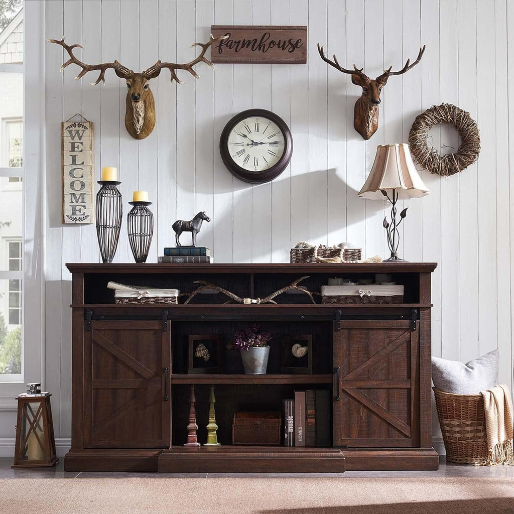 Farmhouse TV Stand for 80 Inch TVs, 37.4"Tall Entertainment Center w/Storage Cabinets and Sliding Barn Door, Media