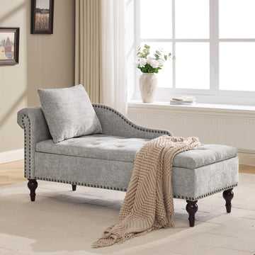 Velvet Chaise Lounge with Storage & Left Armrest, Gray