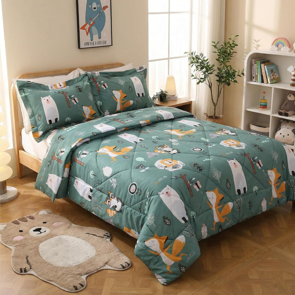 Green Forest Animals Kids Comforter Set, 2 Piece Woodland Printed Microfiber Bedding Set, Machine Washable
