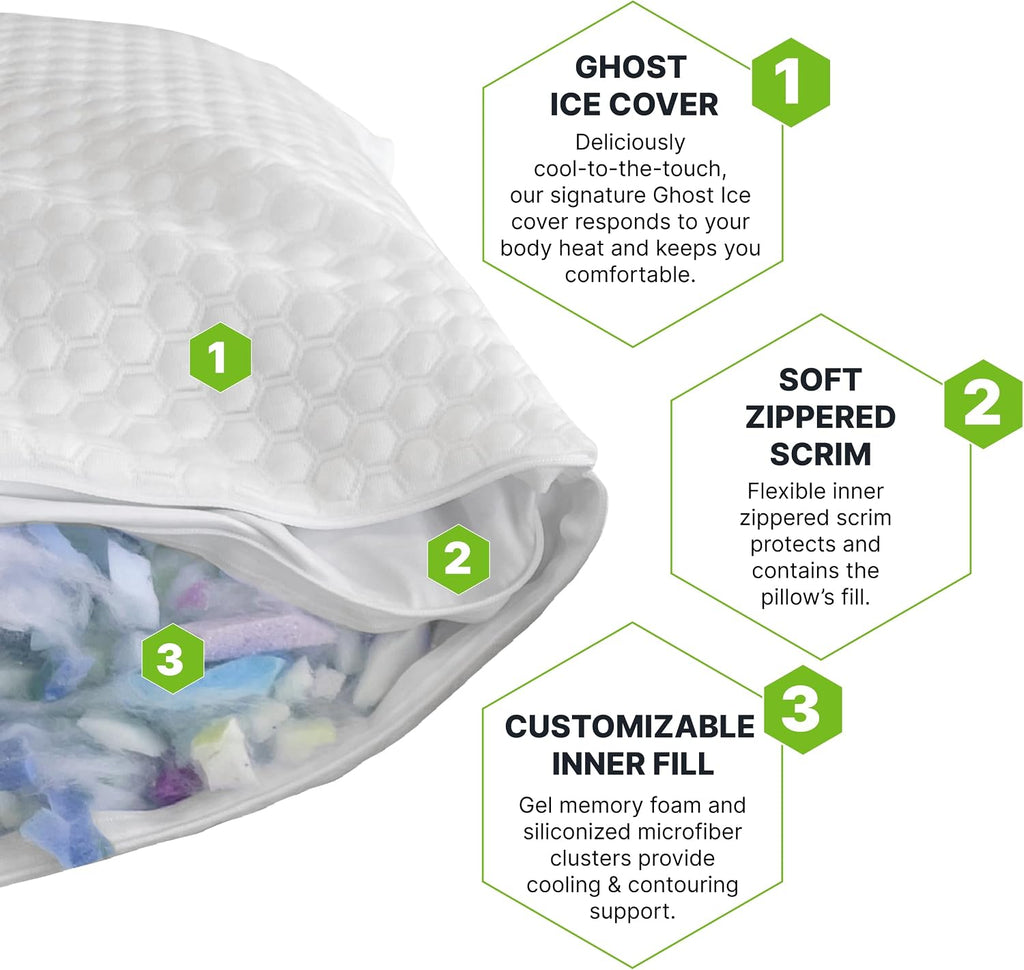 Shredded Memory Foam Pillow with Adjustable Gel and Cooling Breathable Cover - Queen Shredded Pillows CertiPUR-US