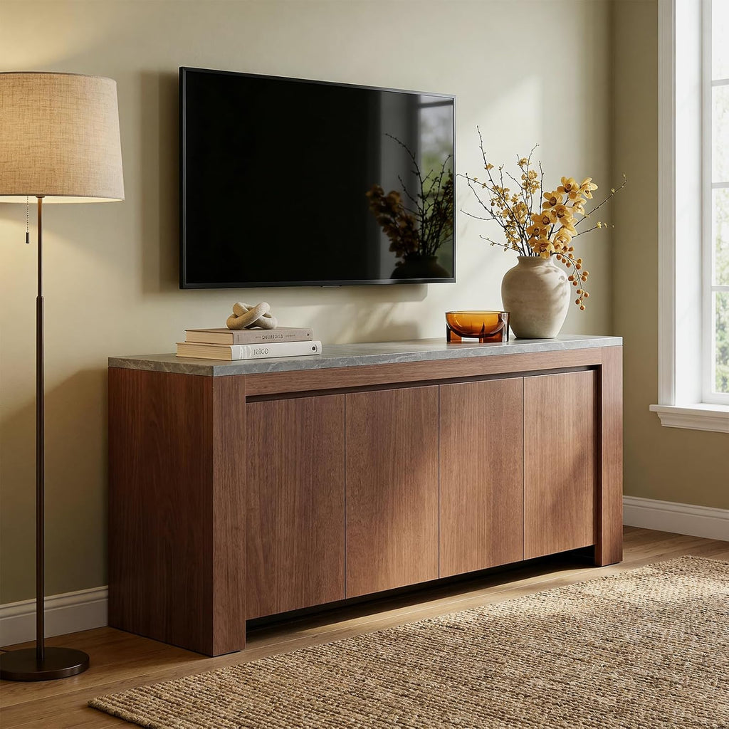 Buffet Cabinet with Storage, 63" Sideboard Buffet Accent Cabinet with Faux Marble Top & 4 Doors