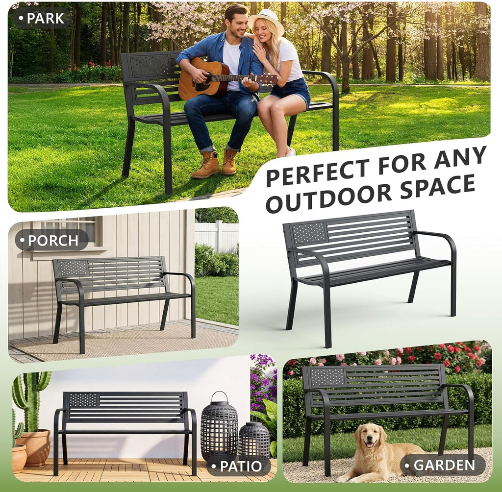 Outdoor Bench, Sturdy Metal Garden Bench with Classic Stars and Stripes Design Metal Backrest, 2-Person Patio Bench