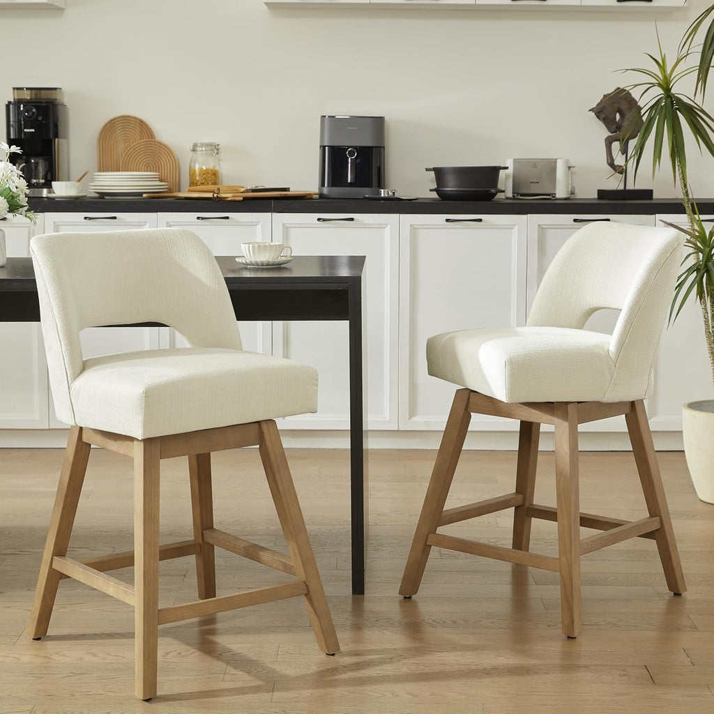 27" Swivel Bar Stools Set of 4, Upholstered Counter Height Bar Stools with Backrest and Rubberwood Legs, Fabric