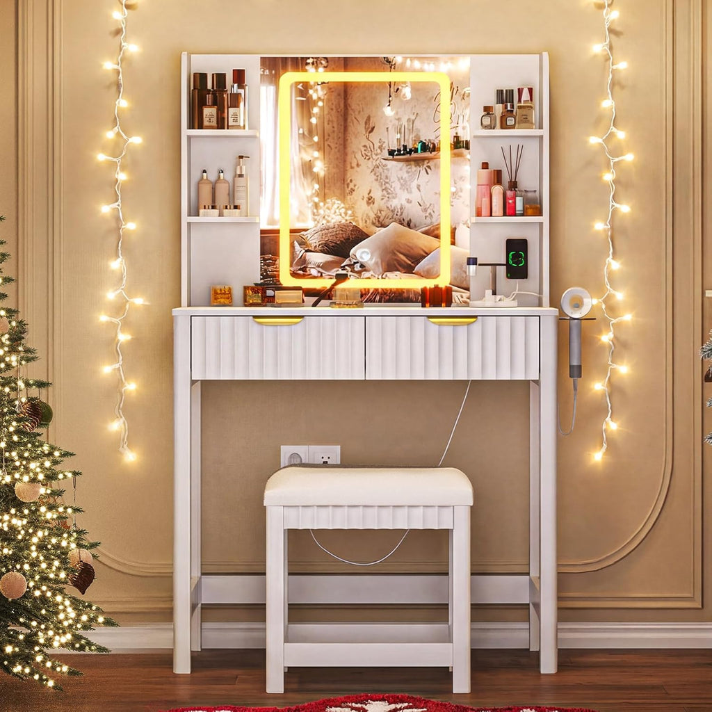 Vanity Desk with LED Mirror, 3 Lighting Modes and Chair | Small Makeup Vanity Table Set with Fluted Drawers, Dressing