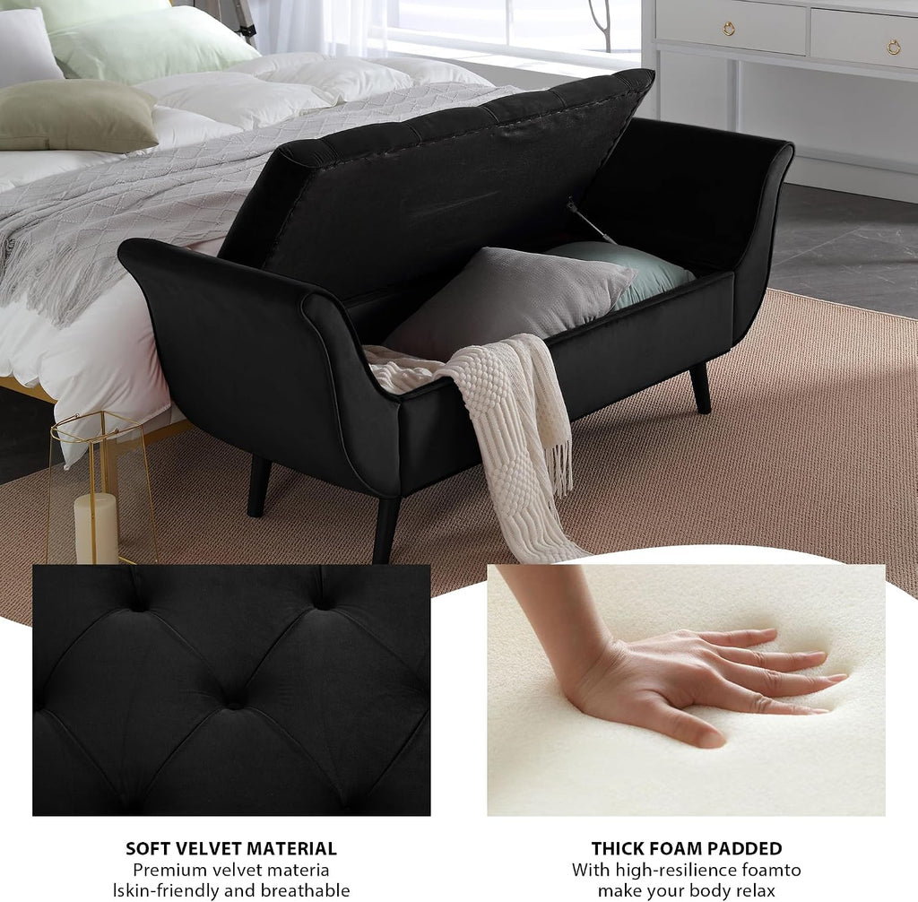 Storage Bench End of Bed, 65" Velvet Upholstered Rolled Armed Button Tufted Stool Bench, Storage Ottoman Long Bench
