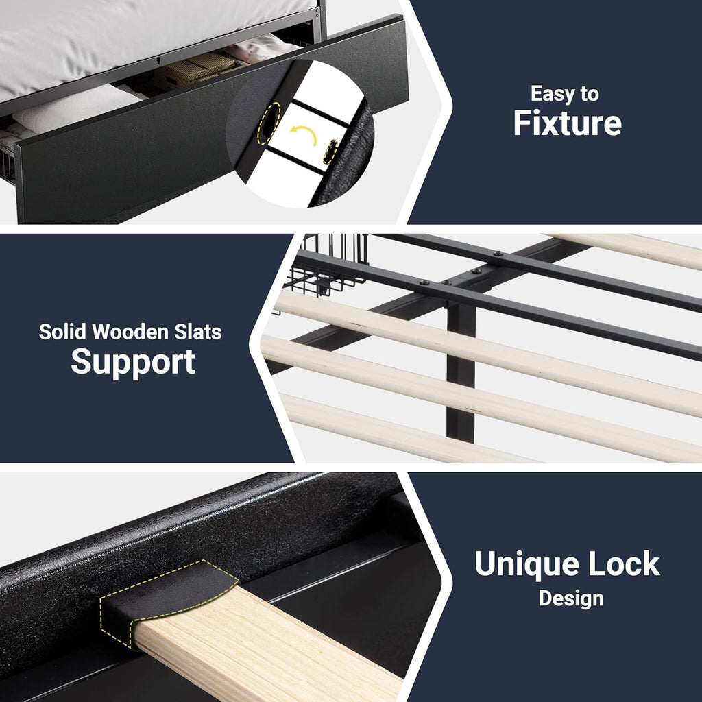 Full Platform Bed Frame with 3 Storage Drawers, Faux Leather Upholstered, Wooden Slats Support, No Box Spring Needed