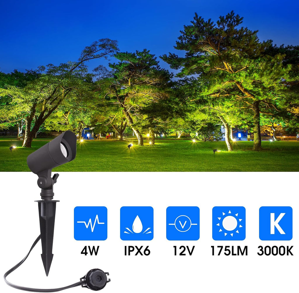 LED Landscape Lights with Connectors, 12V Low Voltage, Warm White 3000k, 4W, 175LM, Outdoor Waterproof Garden Pathway