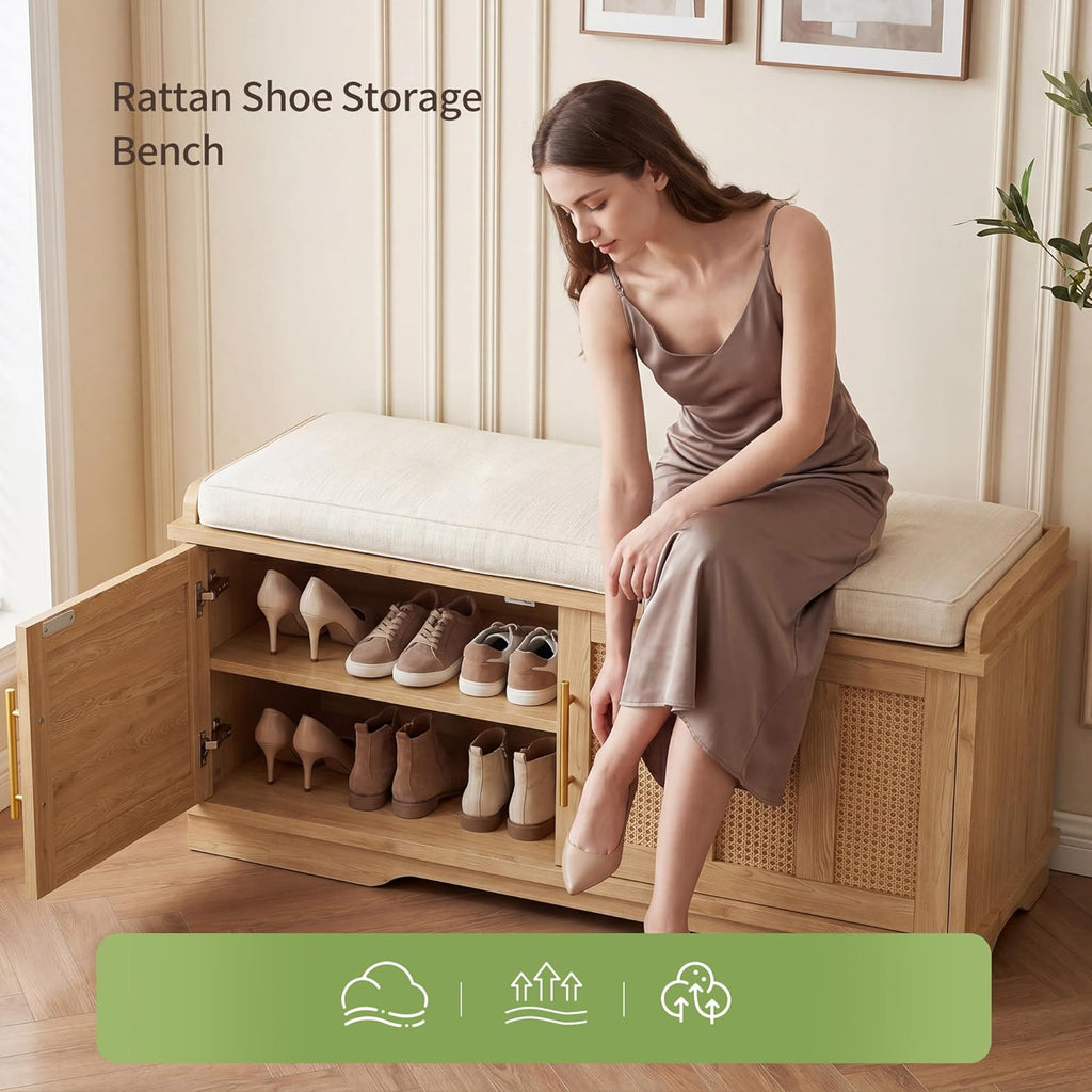 Shoe Cabinet with Bench, Rattan Entryway Storage Bench with Cushion, Shoe Storage Bench Cabinet with 2 Doors