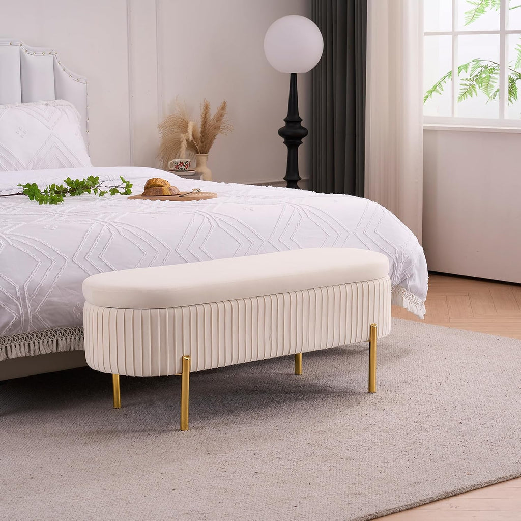 45.5" Ivory White Storage Bench with Gold Legs , Velvet | Upholstered, /Living Room/Window/Entryway, End of Bed