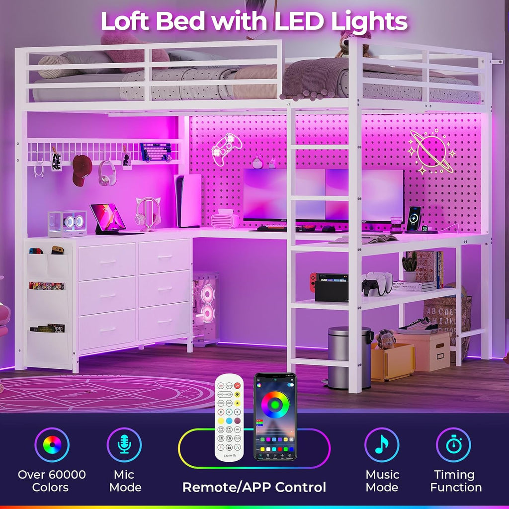 Loft Bed Full with U-Shaped Desk, 6 Storage Drawers, Power Outlet, LED Metal Loft Bed with 2 Storage Shelves