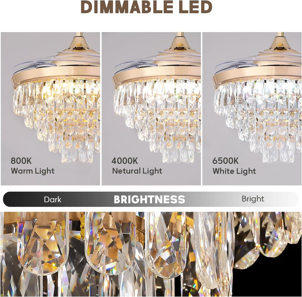 48" Crystal Ceiling Fans with Lights and Remote, Dimmable, 6 Speeds, Luxury Chandelier Fan Rose Gold Crystal Fandelier