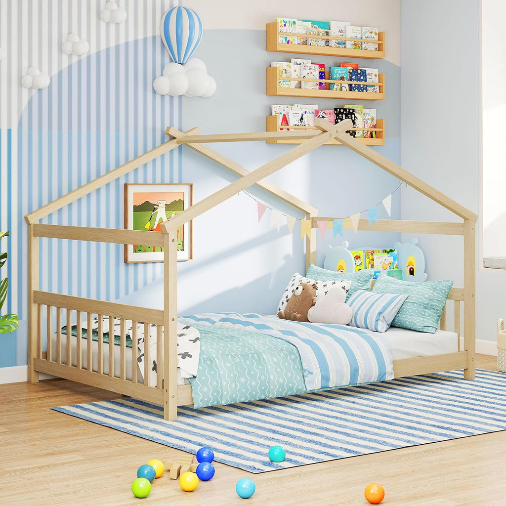 Full Size Floor Bed, Solid Wood Montessori House Bed with Roof, Headboard and Footboard, Low Full Bed Frame for Kids