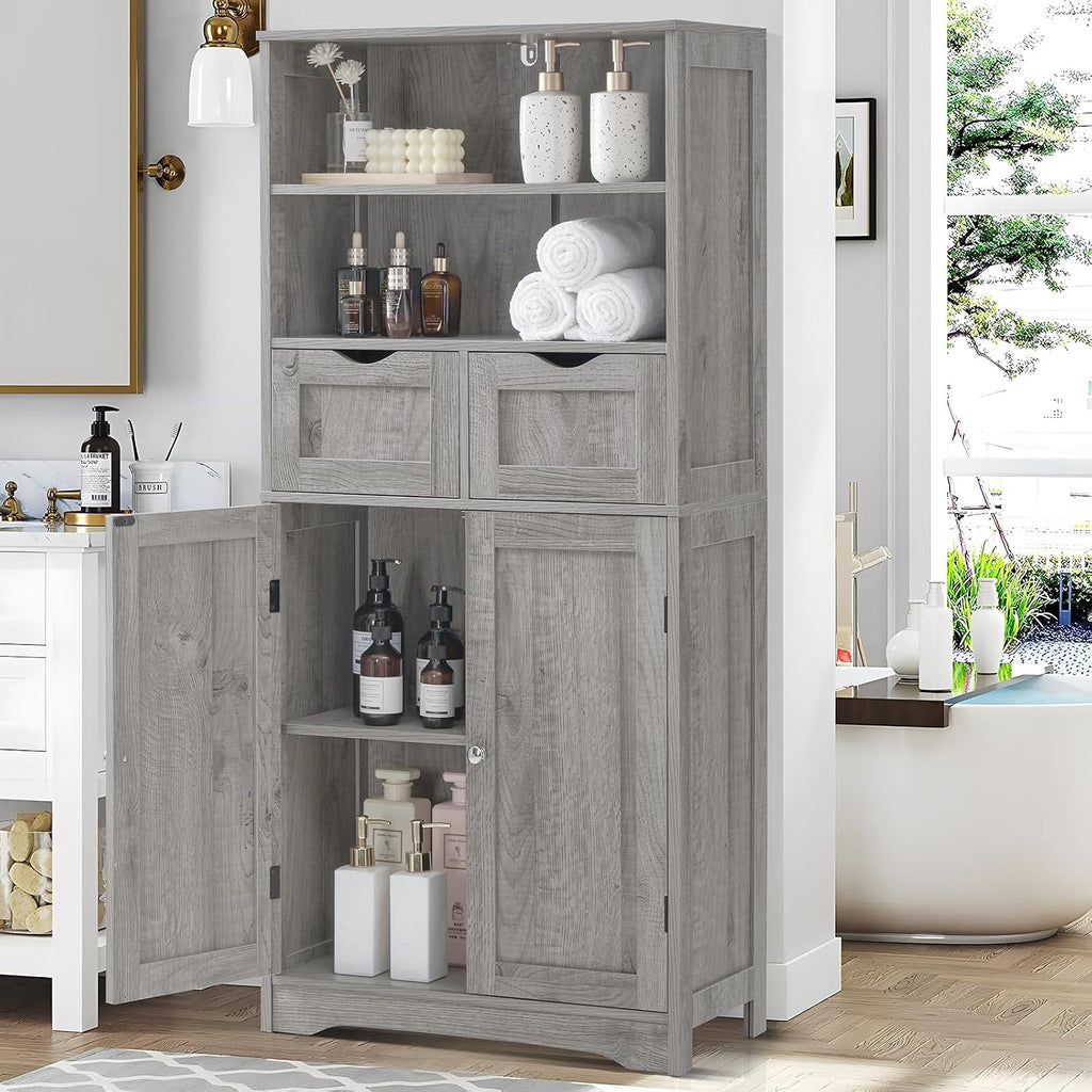 Storage Cabinet with 2 Drawers & Adjustable Shelf, Tall Bathroom Cabinet with Doors, Cupboard, Kitchen Cabinets , Grey